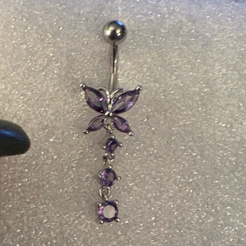 Belly Button Ring- Purple 14G Butterfly Dangle Belly Button Ring Stainless Steel